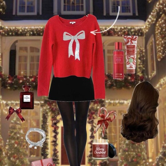 Red sequin sweater bow print holiday Christmas vibe - Picture 1 of 7